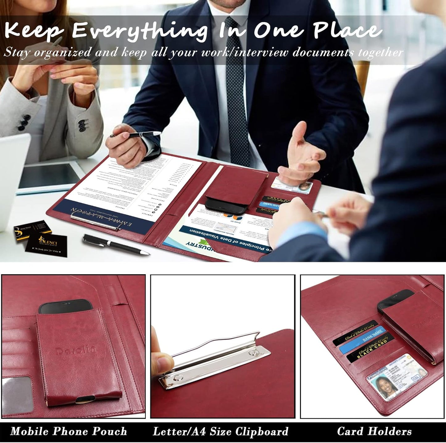 Darolin Business/Resume Padfolio Portfolio Folder with Letter/A4 Size Clipboard, Interview/Conference/Legal Document Organizer, Premium Portfolio Professional Case, Padfolio for Women/Men-Redwine