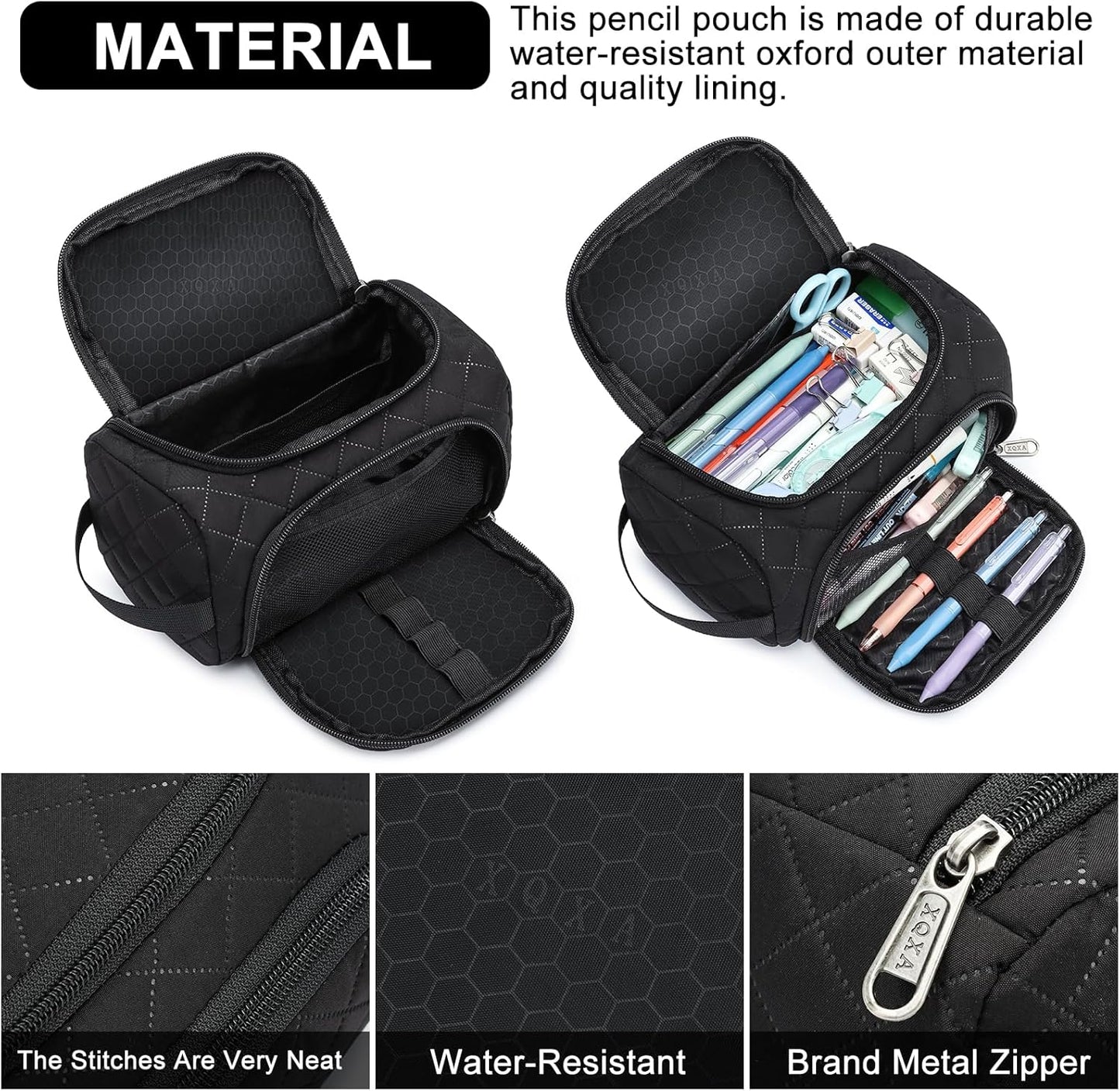 XQXA Extra Large Capacity Pencil Case Organizer, Multifunctional Pencil Pouch with Compartmens, Travel Simple Stationery Bag, Nylon Pencil Bag for Adults (Black Quilted)