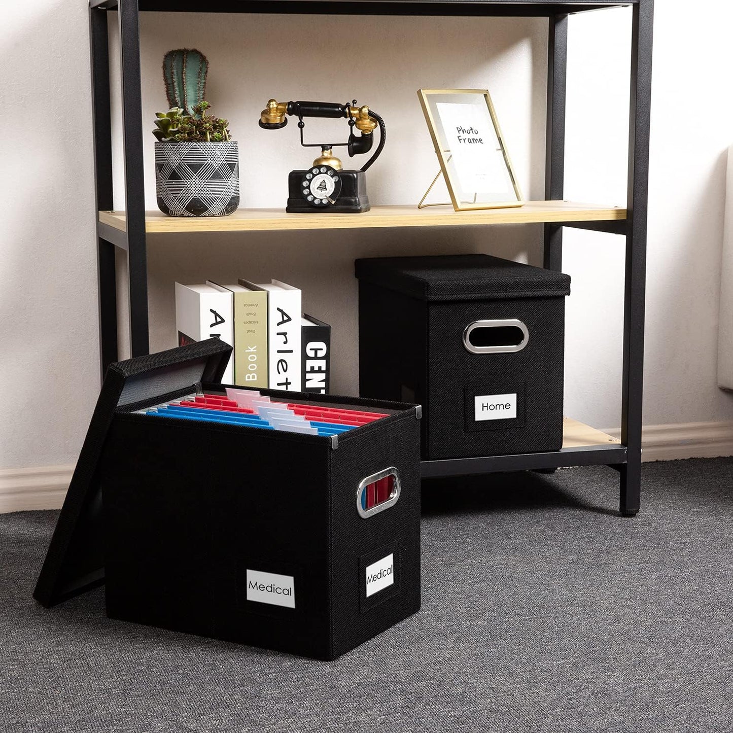 PRANDOM File Organizer Box - Set of 1 Collapsible Decorative Linen Filing Storage Hanging File Folders with Lids Office Cabinet Letter Size Black (14x9.3x10.8 inch)