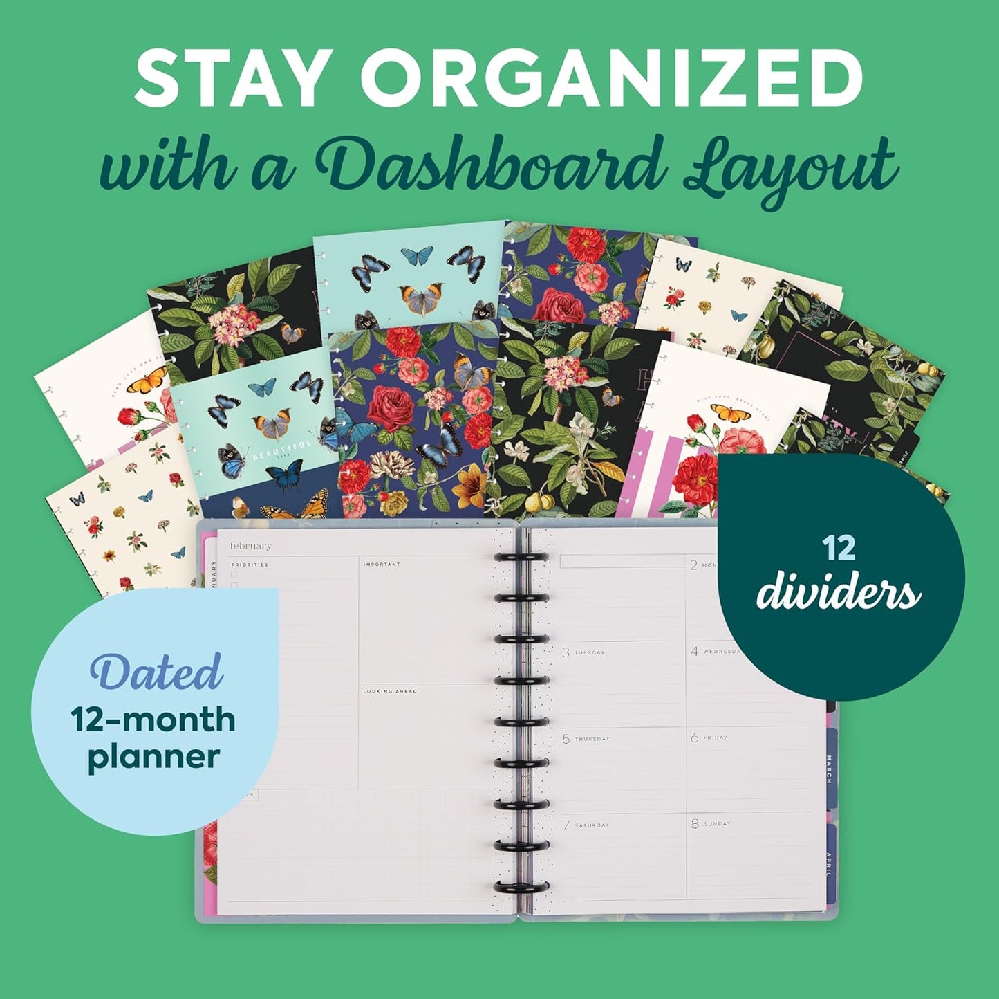 Happy Planner Disc-Bound Planner Jan.–Dec. 2026, Includes 3 Extra Months and 2 Sticker Sheets, Classic Size, 7" x 9.25", Dashboard Layout, Botanical Year