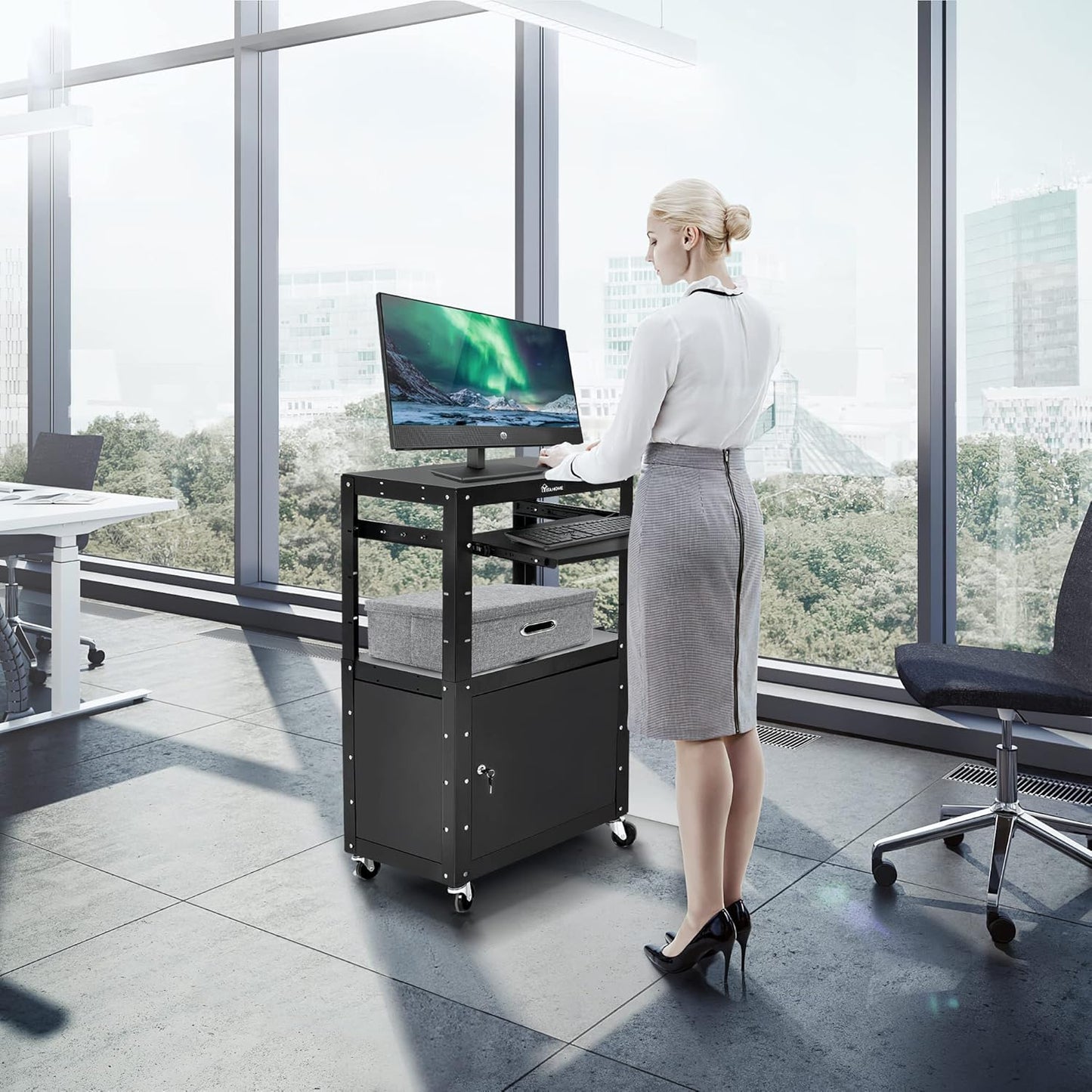 YITAHOME Steel AV Cart with Locking Cabinet, Metal Presentation Cart with Keyboard Tray, Rolling Media Cart with Wheels & Power 16.4ft Extra-Long Cord for Computer Laptop Projector Printer Black