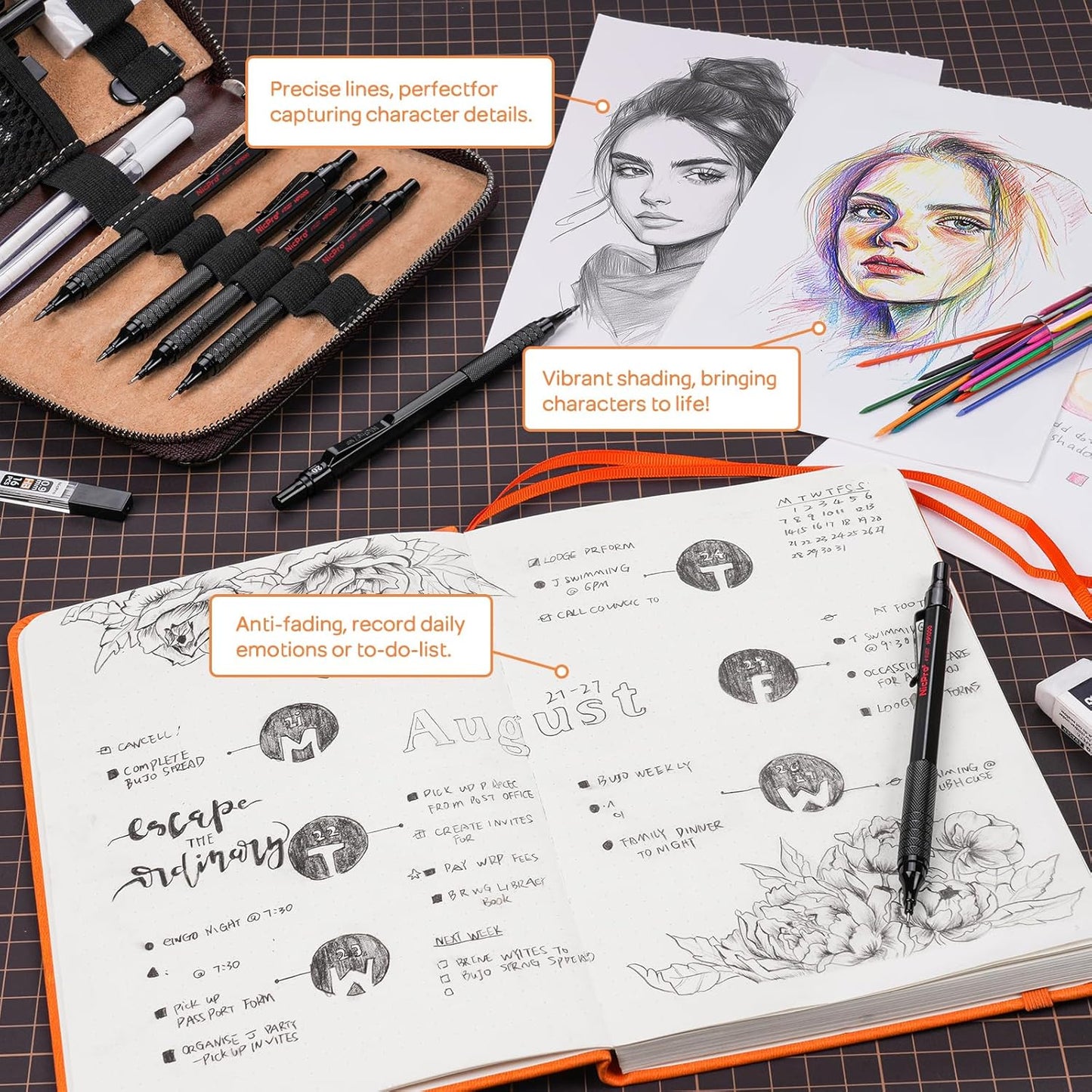 Nicpro 30PCS Black Metal Mechanical Pencil Set in Leather Case, Art Drafting Pencil 0.5, 0.7, 0.9 mm, 2mm Lead Pencil Holders for Sketching Drawing With 16 Tube (6B 4B 2B HB 2H 4H Colors)Lead Refills