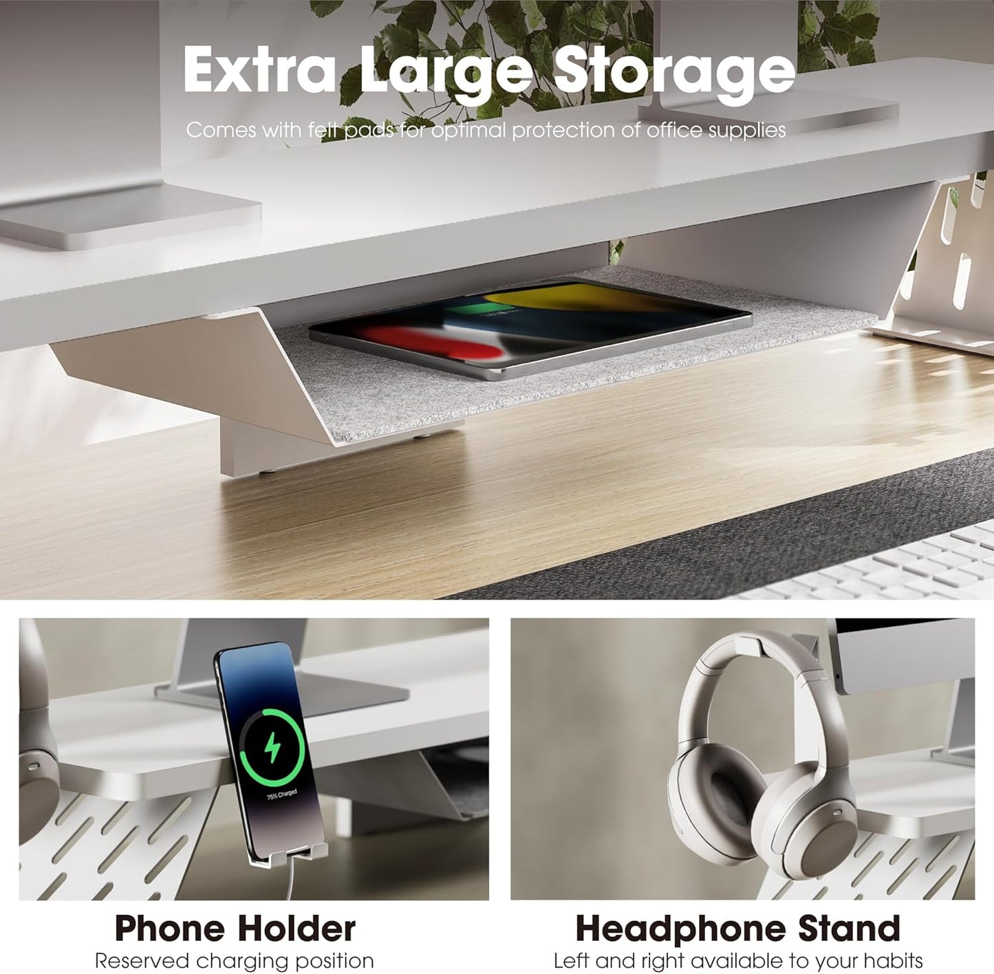 Fenge Dual Monitor Stand, 42.5 Inch Monitor Riser for Desk, Wood Desk Shelf for 2 Monitors, 2 Tier Monitor Shelf with Headphone Stand & Phone Holder