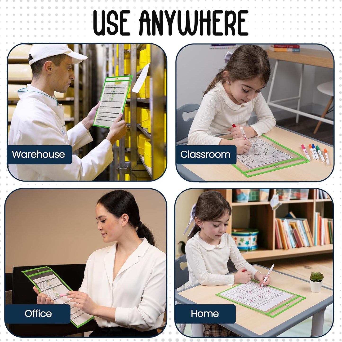 Essex Wares - 5 Pack, Green, Job Ticket Holders, 10" Wide x 13.5" Tall - Clear Plastic Shop Ticket Holders - Easy to Use, Reusable & Easy Erase Plastic Invoice Holders, Water-Resistant & Durable