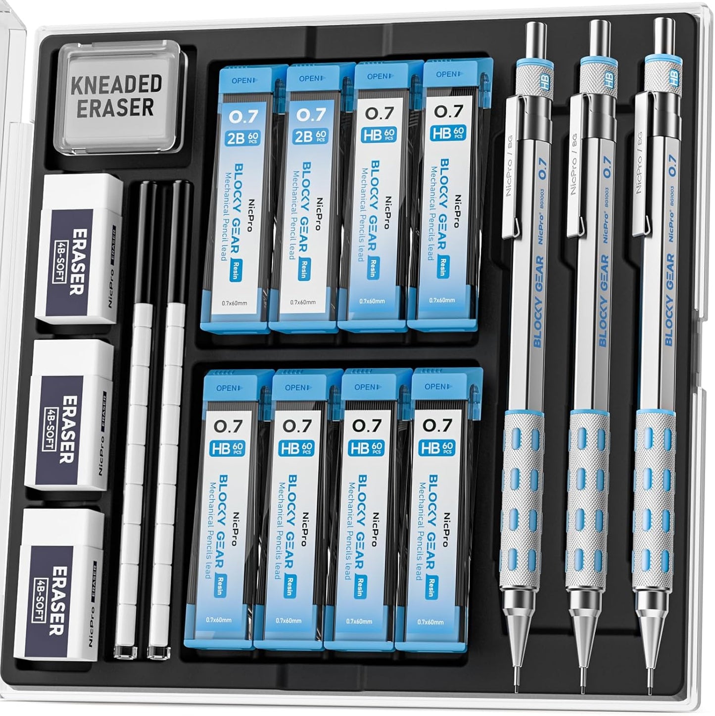Nicpro 3 Pack Blocky Gear 0.7 mm Metal Mechanical Pencils Set with Case, Lead Drafting Pencil with 8 Tube (480PCS) Lead Refills(HB 2B), 4 Erasers, 18 Eraser Refills for Art Writing, Sketching Drawing