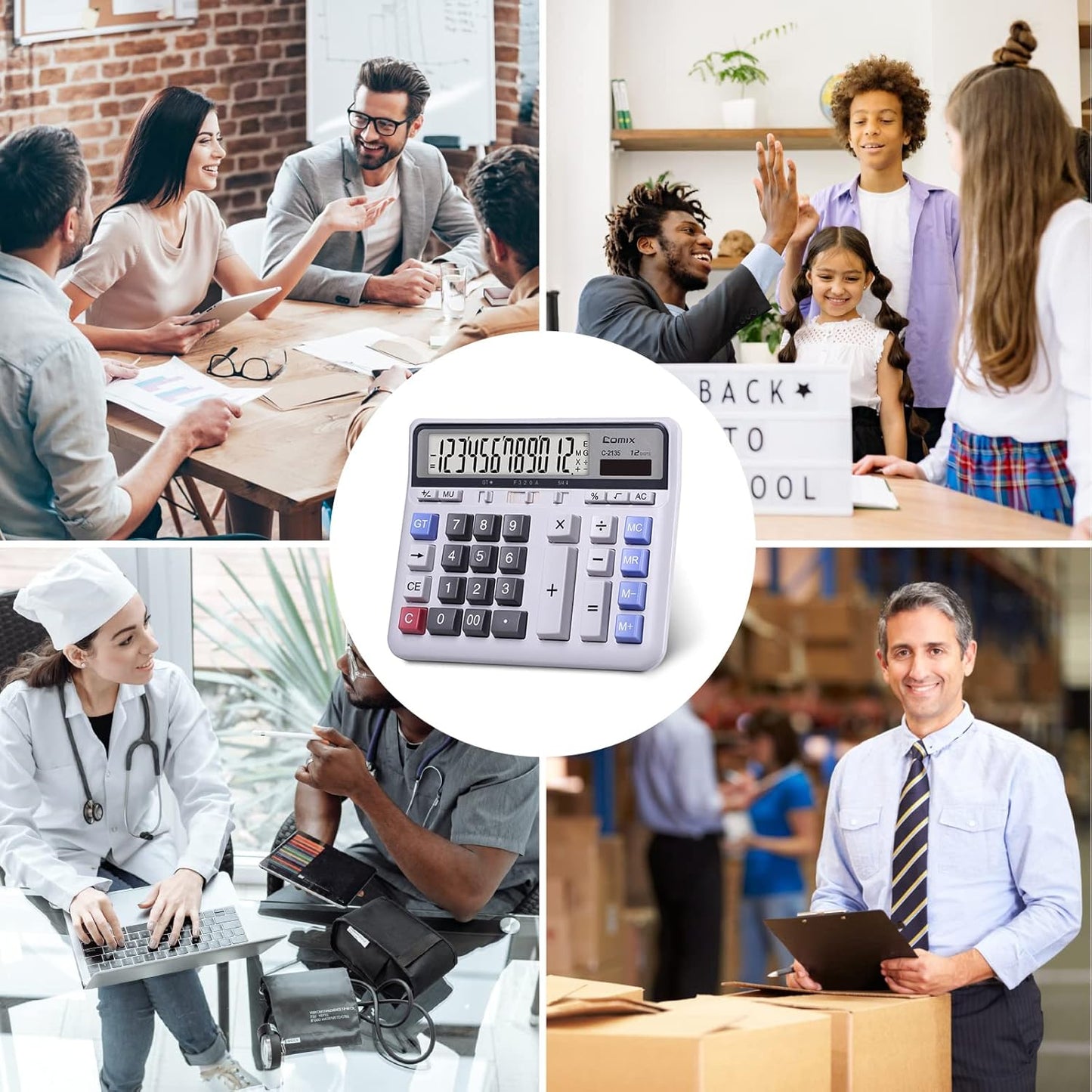 Comix Desktop Calculator Solar Battery Dual Power with 12-Digit Large LCD Display and Large Computer Keys Standard Function Calculator for Home Office School, White(2 Pack)