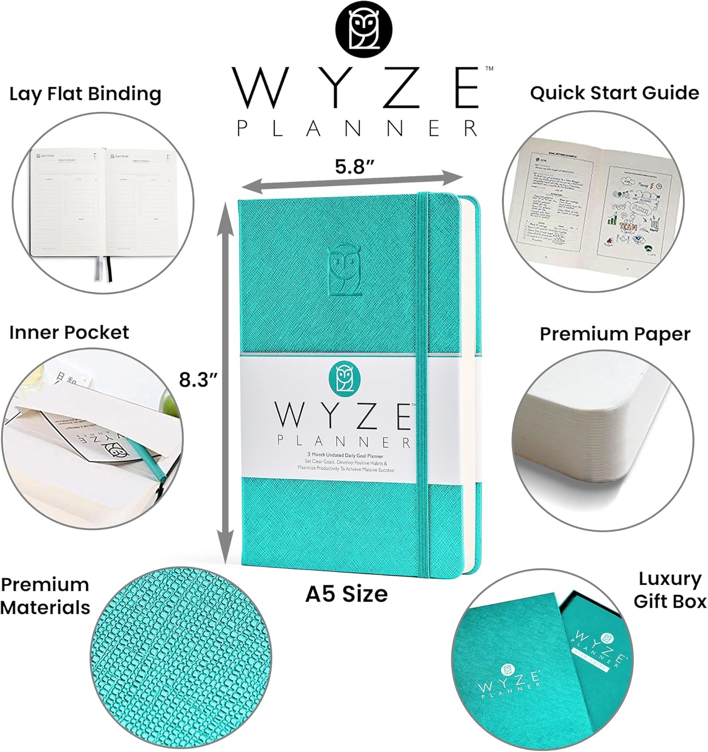 Undated Daily Planner – 3-Month A5 Productivity Organizer with Full Page Per Day, Hourly Schedule, Goal Setting, Habit Tracker, Weekly & Monthly Pages – Hardcover Time Management Notebook (Turquoise)