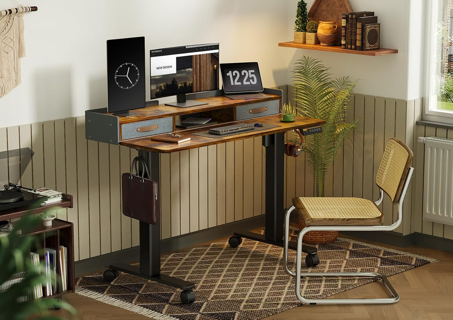 YDN Standing Desk with Drawers, 55 Inch Standing Desk Adjustable Height, Adjustable Electric Stand Up Sit Stand Small Desks with Storage and Shelf, Rustic Brown