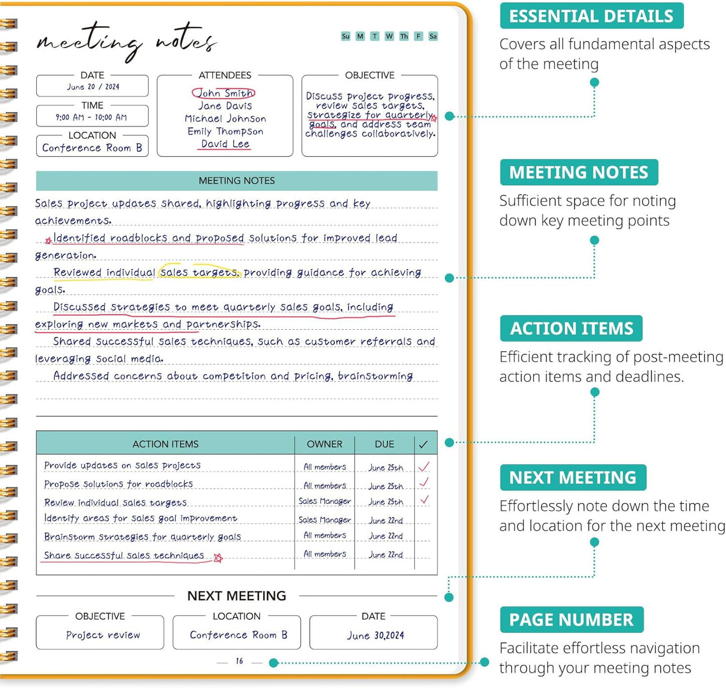Taja Meeting Notebook for Work Organization - Work notebook with action items, Meeting Minutes Planner Notebook, Perfect Office Supplies for Men & Women - Yellow