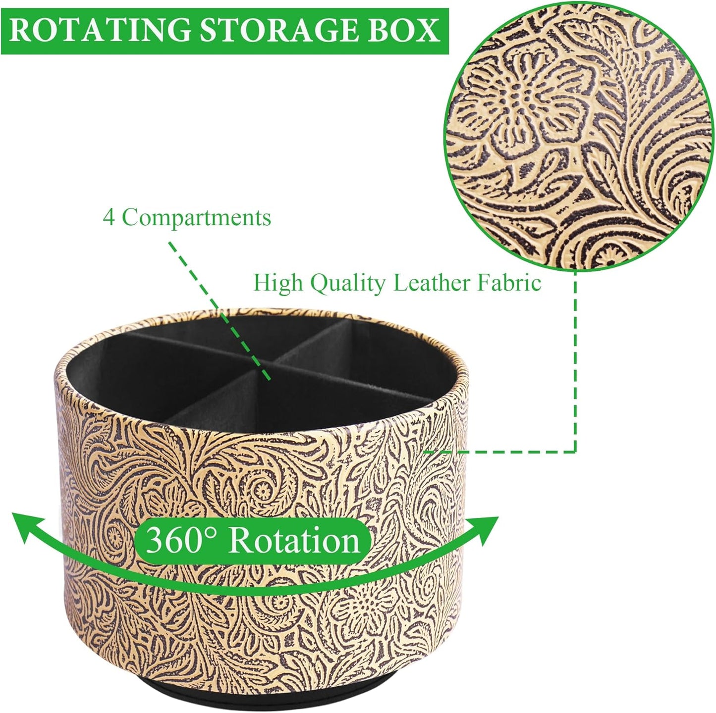 lizimandu Round Leather Art Supply Organizer,Remote Control Holder,360 Degree Spinning,Multi-Functional Pencil Holder,4 Compartments Desktop Stationary Organizer(1-Yellow Black)