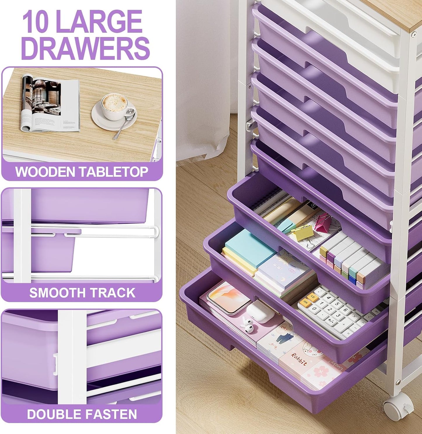 Rolling Cart with Drawers,10 Drawer Rolling Cart,Storage Cart with Wheels,Utility Cart with Drawers,Teacher Cart for Classroom Storage,Craft Cart with Wheels and Wooden Tabletop,Purple