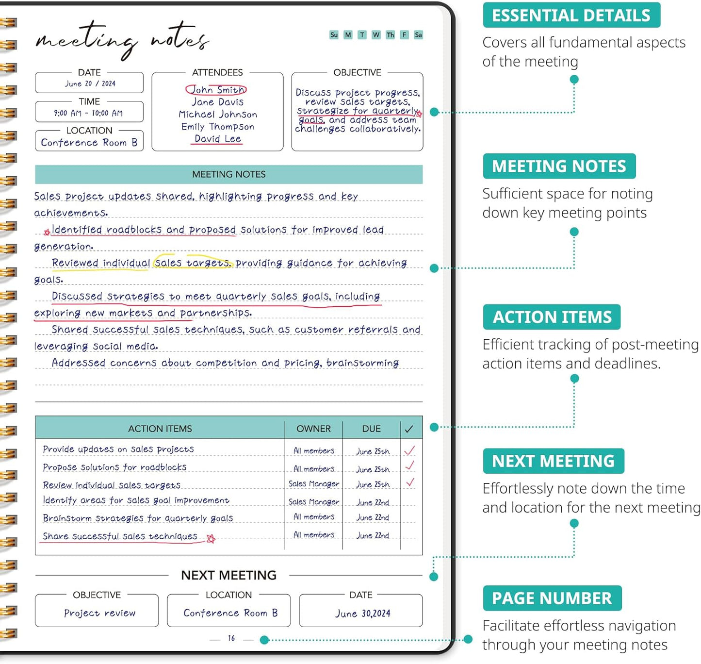 Taja 48 Pack of Meeting Notebook for Work Organization - Work notebook with action items, Meeting Minutes Planner Notebook, Perfect Office Supplies for Men & Women - Black