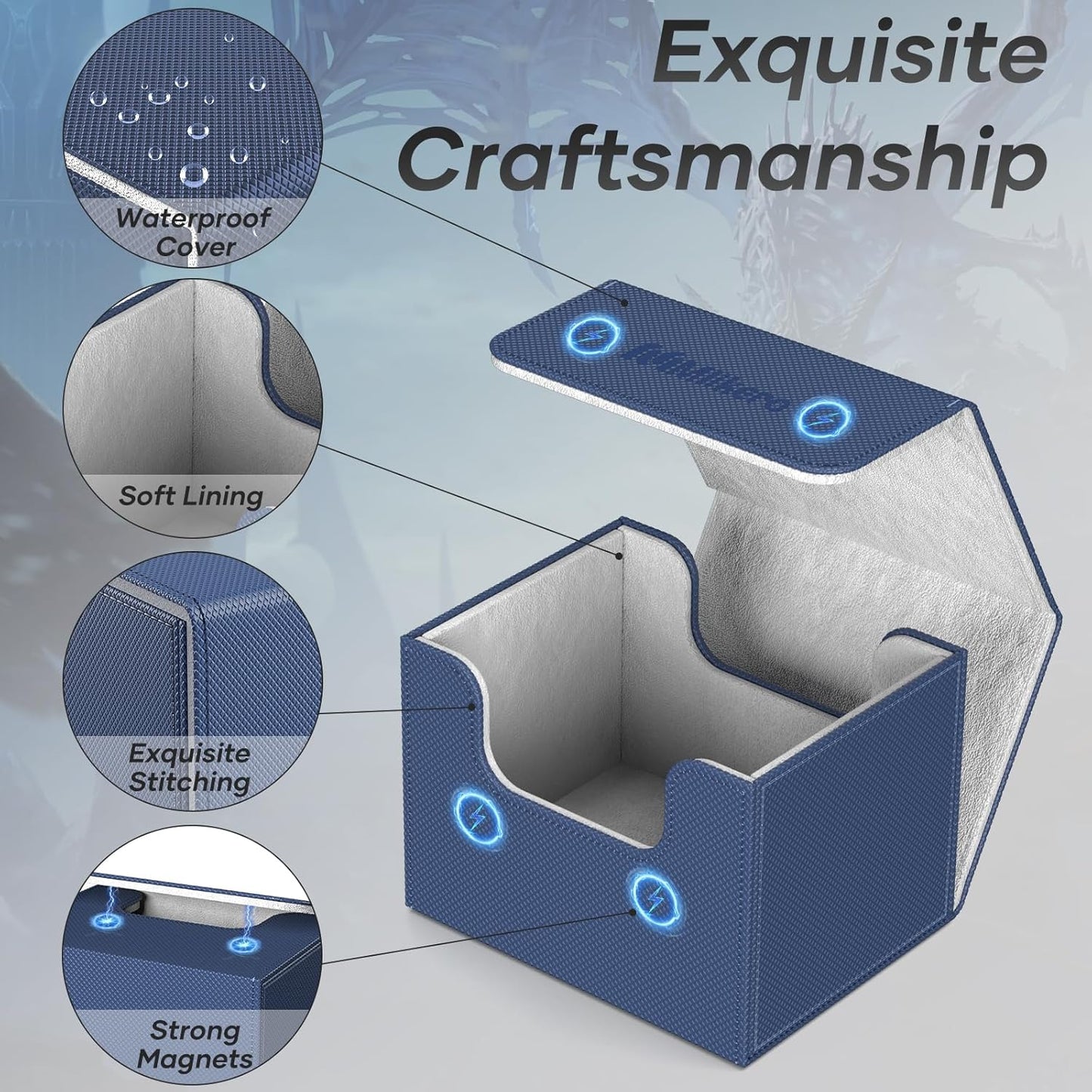 Mlikero Card Deck Box, Commander Deck Box Holds 100+ Double-Sleeved Cards with Divider, Leather Magnetic Closure Card Box Fit for MTG, TCG (Blue)