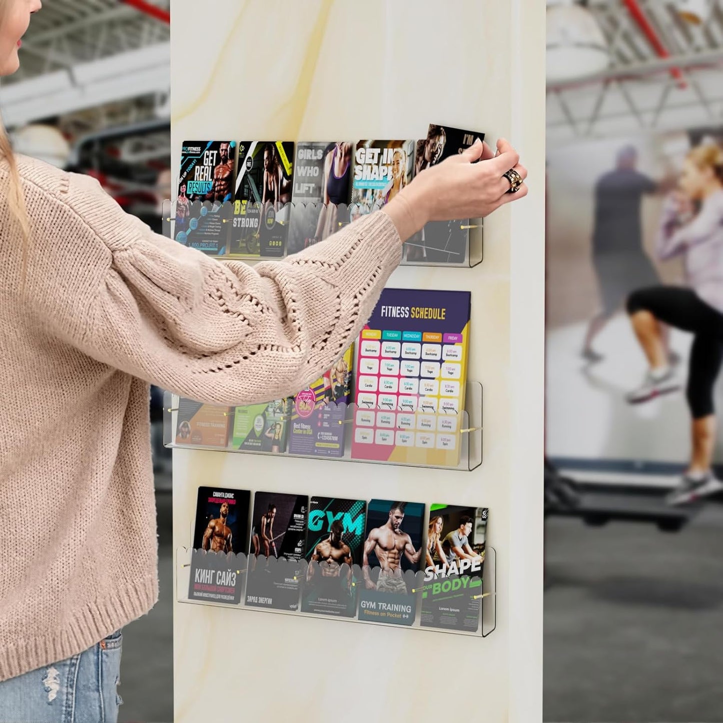 Brochure Holder Wall Mount, 2 Pack Acrylic Modular Flyer with Adjustable Magnetic Golden Bolt, Wavy Lace Pamphlet Display Stand for Organizer Trifold Flyer, Document, Leaflet, 5 Slots