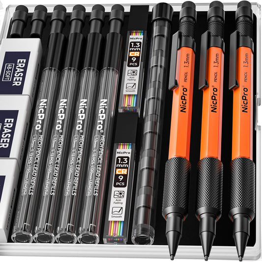 Nicpro 3 PCS 1.3 mm Orange Mechanical Pencils Set with 66 Lead Refill, 3 Eraser - Weatherproof Metal Barrel, Heavy Duty Carpenter Pencil MP2000 for Outdoor Marking Drafting Drawing Woodworking