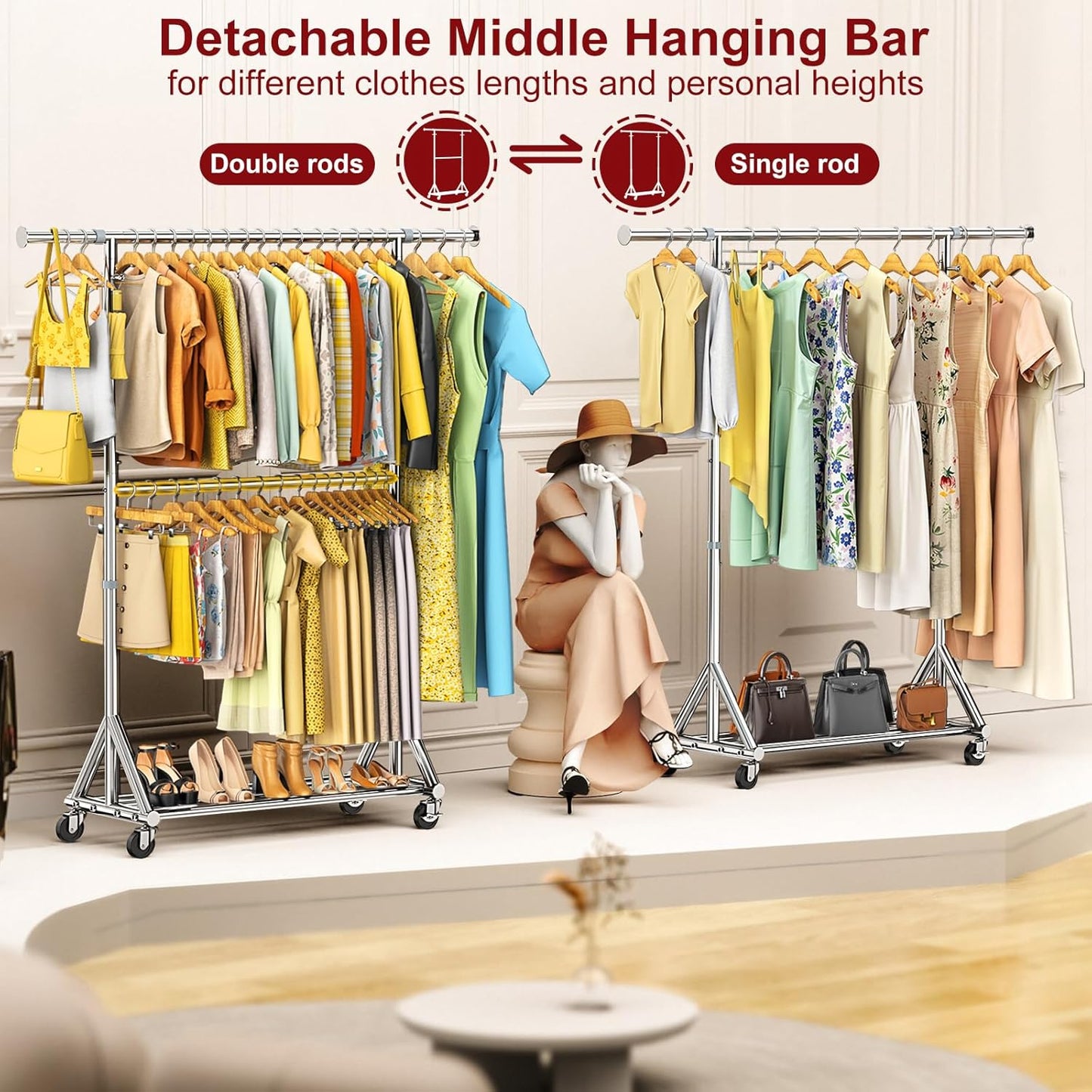 100% Stainless Steel Heavy Duty Clothes Rack Load 860LBS, Rolling Double Rods Clothing Racks for Hanging Clothes, Adjustbale Garment Rack With Sturdy Wheels Shelf, Portable Closet Rack Free Standing