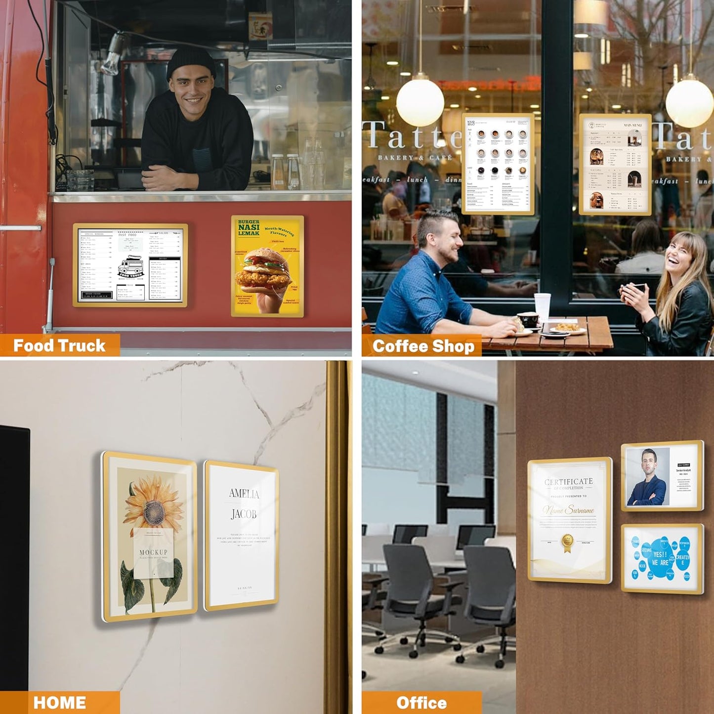 8.5x11 Wall Sign Holder Floating 3 Pack, Self-Adhesive Display Frame for Document/Poster/Paper Office/Store/Wall Mounted for Door/Window Display Holder with Horizontal and Vertical (Gold)