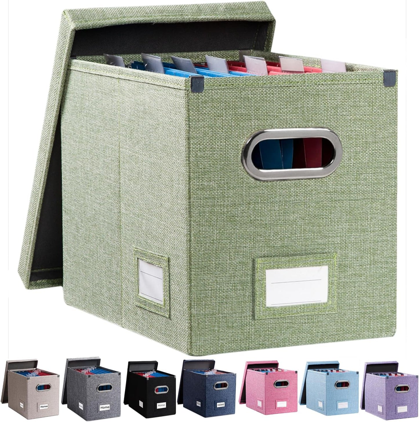 PRANDOM File Organizer Box - Set of 1 Collapsible Decorative Linen Filing Storage Hanging File Folders with Lids Office Cabinet Letter Size Green (14x9.3x10.8 inch)
