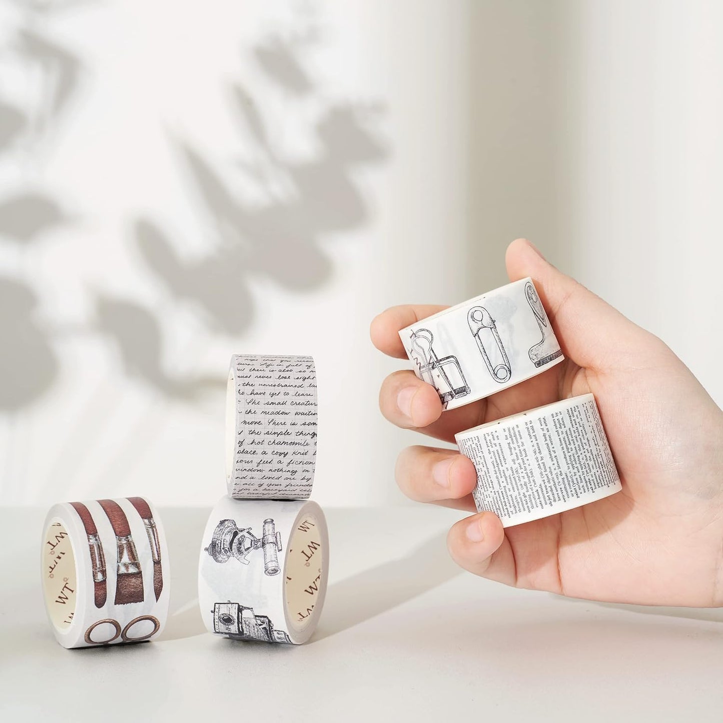 WT Happy Journaling Washi Tape Set, 5 Rolls, Original Designs, Vintage Decorative Masking Tape, Words Craft Tape, Bujo Planner Supplies, Adhesive Wrapping Tape, DIY Retro Paper Tape