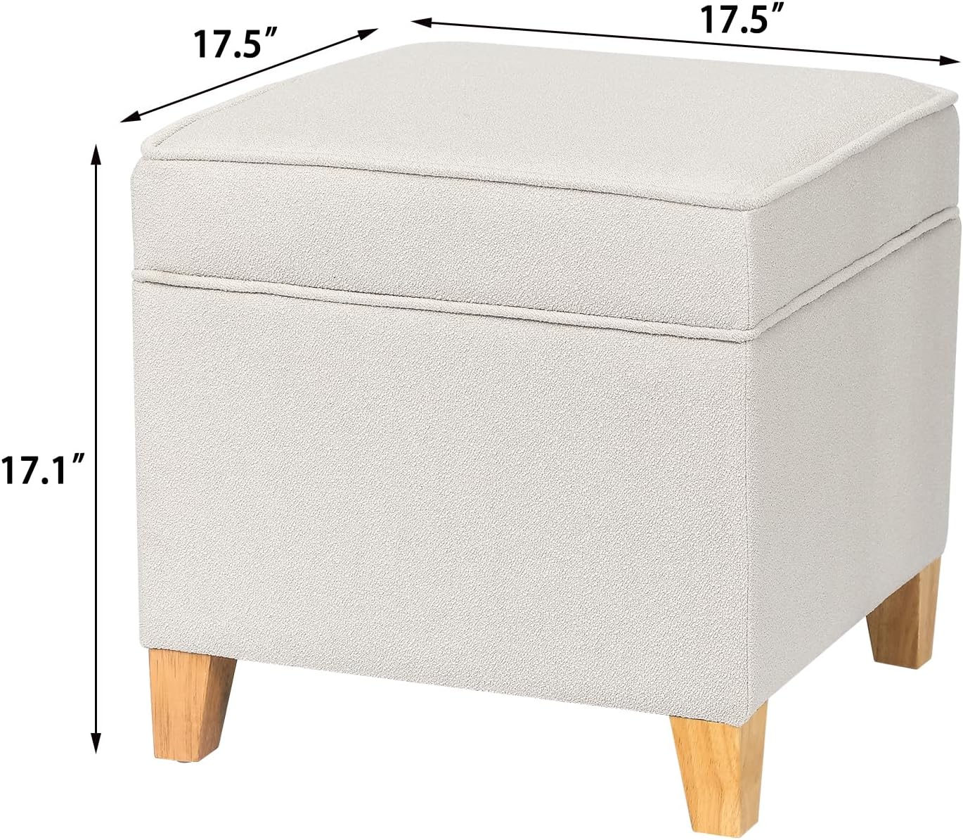 Adeco 17.5" Square Fabric Ottoman with Storage - Upholstered Cotton Linen Foot Rest - Flip Top Footstool with Sturdy Wood Legs, Small Cube Coffee Table Extra Seat for Living Room, Bedroom, White