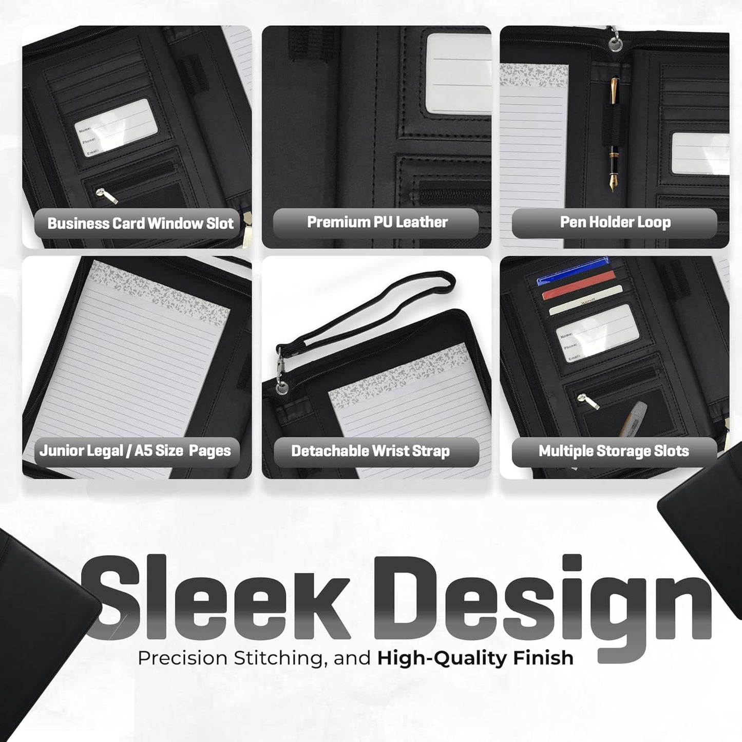 Zippered Leather Portfolio Binder with Junior Legal 5x8 Notepad - Black PU Leather Business Padfolio Organizer Folder with 8 Inch Tablet Sleeve & Gift Box by Lautus Designs