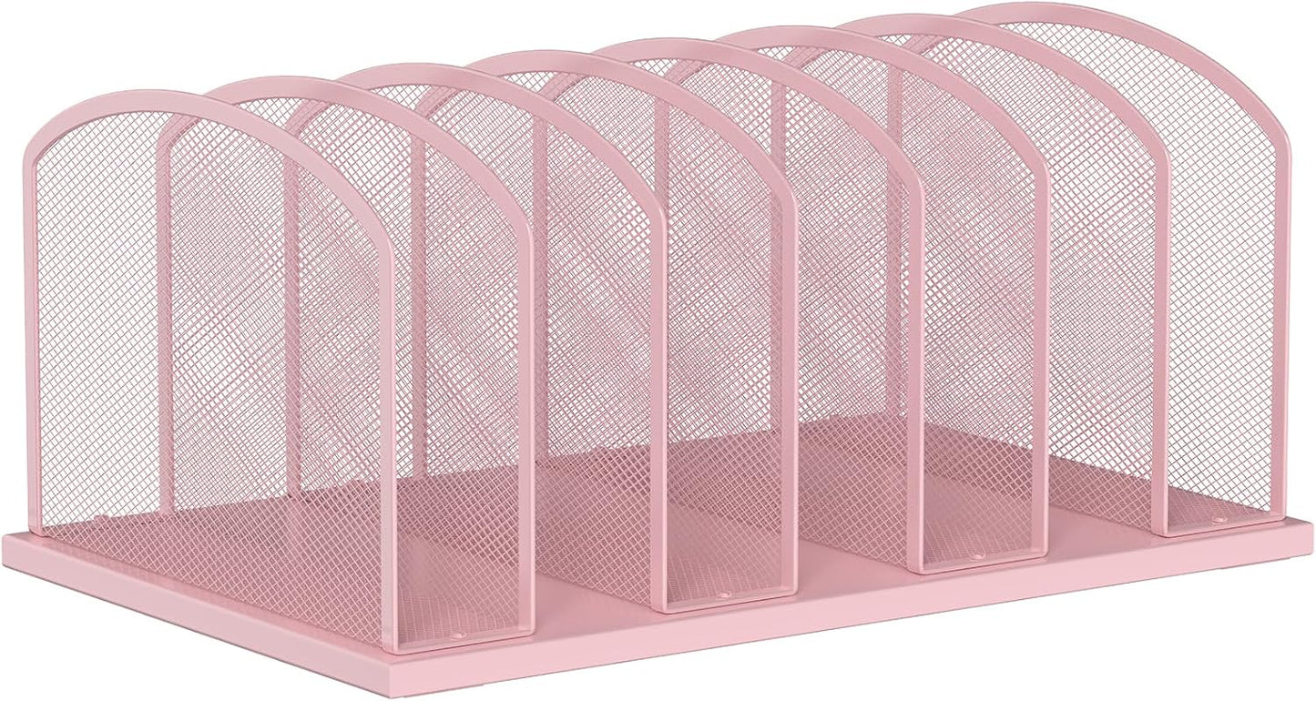 Desk File Organizer Vertical 7 Sections Mesh File Sorter Paper Storage Organizer for Desk, Office Organization File Holder Rack,Pink