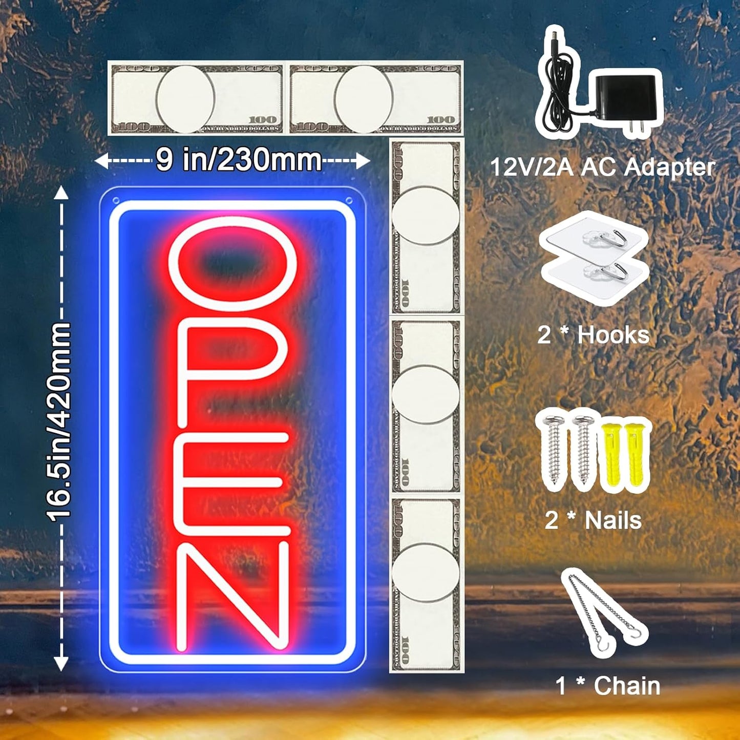 Led Neon Open Signs for Business,16.5"X 9" Ultra Bright Open Signs, Powered by 12V/2A AC Adapter, 6 Levels Adjustable Bright Led Neon Open Sign for Bar Salon Coffee Stores Club Hotel (Vertical)