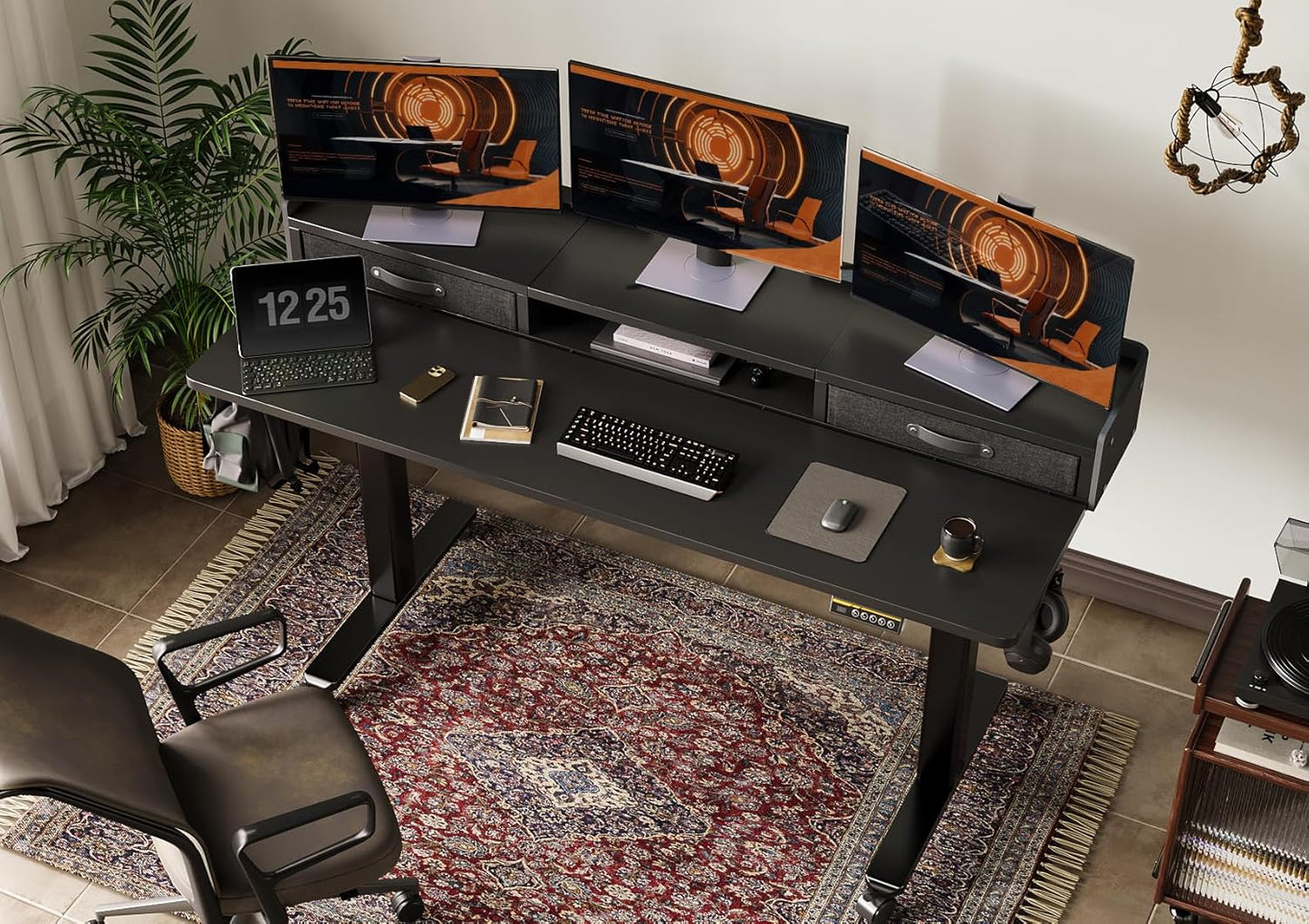 YDN Standing Desk with Drawers, 59 Inch Standing Desk Adjustable Height, Adjustable Electric Stand Up Sit Stand Small with Storage and Shelf, Black