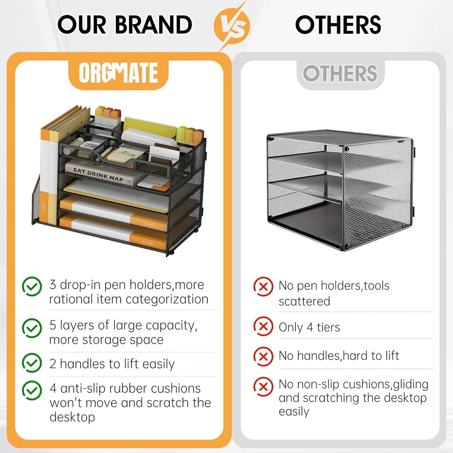 5 Tier Paper Letter Tray with File Holder and 3 Drop-in Pen Holders, Mesh Desk File Organizer with Handle, Desk Organizers and Accessories for School,Home, Office Supplies Storage-Black