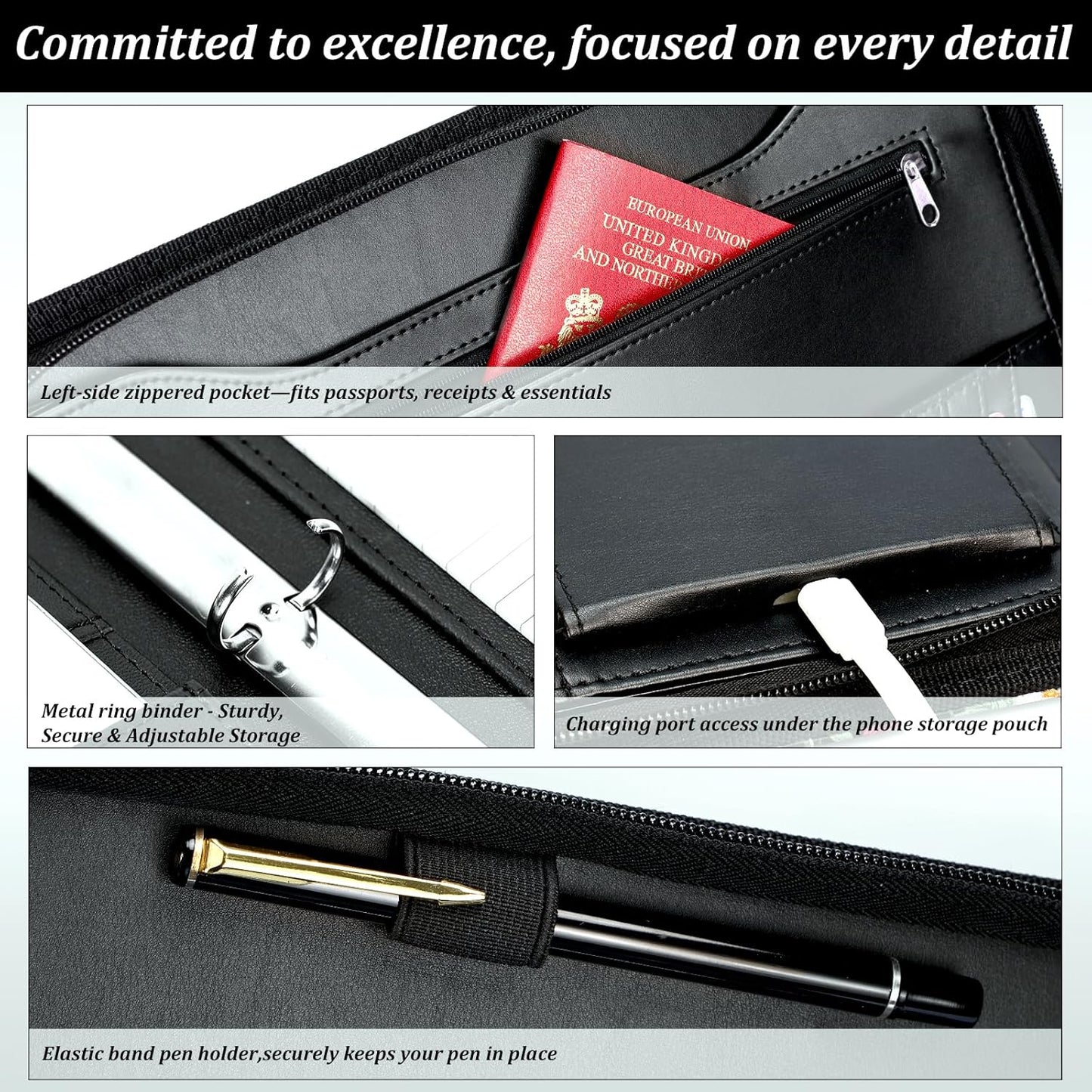 Leathario Portfolio Binder, Includes 10 Sheet Protectors and 3 Notepads, 3-Ring Folder Organizer, A4 Padfolio with Zipper, Vegan Leather Tablet Sleeve, Business Office Conference Clipboards