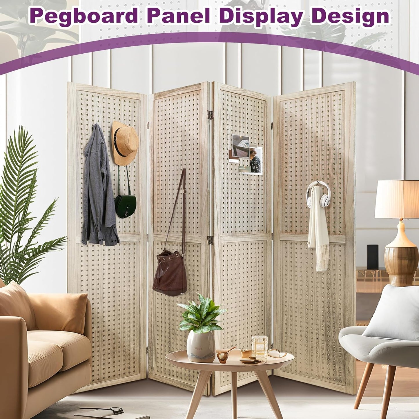 Room Divider, 5.6FT Folding Room Divider Panel, 4 Panel Pegboard Display Wood Partition Wall Divider for Room Separation& Craft Shows, Natural Wood