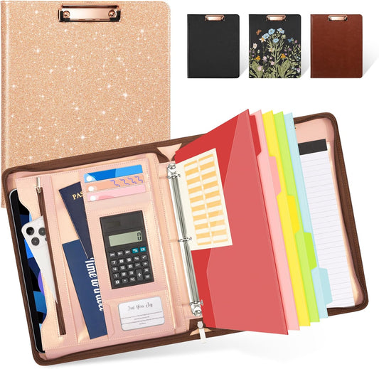 Ospelelf Clipboard with Storage, 3 Ring Binder with Zipper, Leather Padfolio Portfolio Folder, Calculator, 12.1” Tablet Sleeve, 5 Dividers with Pocket|Refillable Notepad, Card Slot (Rose Gold)