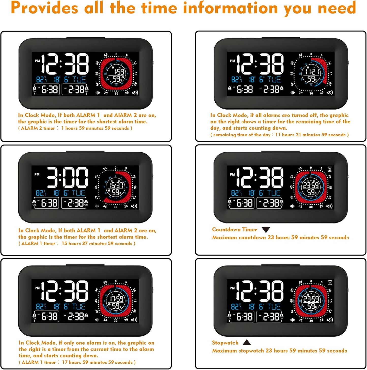 Digital Dual Alarm Clock for Bedroom,Visual Timer Clock for Kids,Dual Display Countdown Stopwatch Timer Dual Alarm Clock, Time Management Station for Homeschooling Teaching Home Kitchen Office (Black)