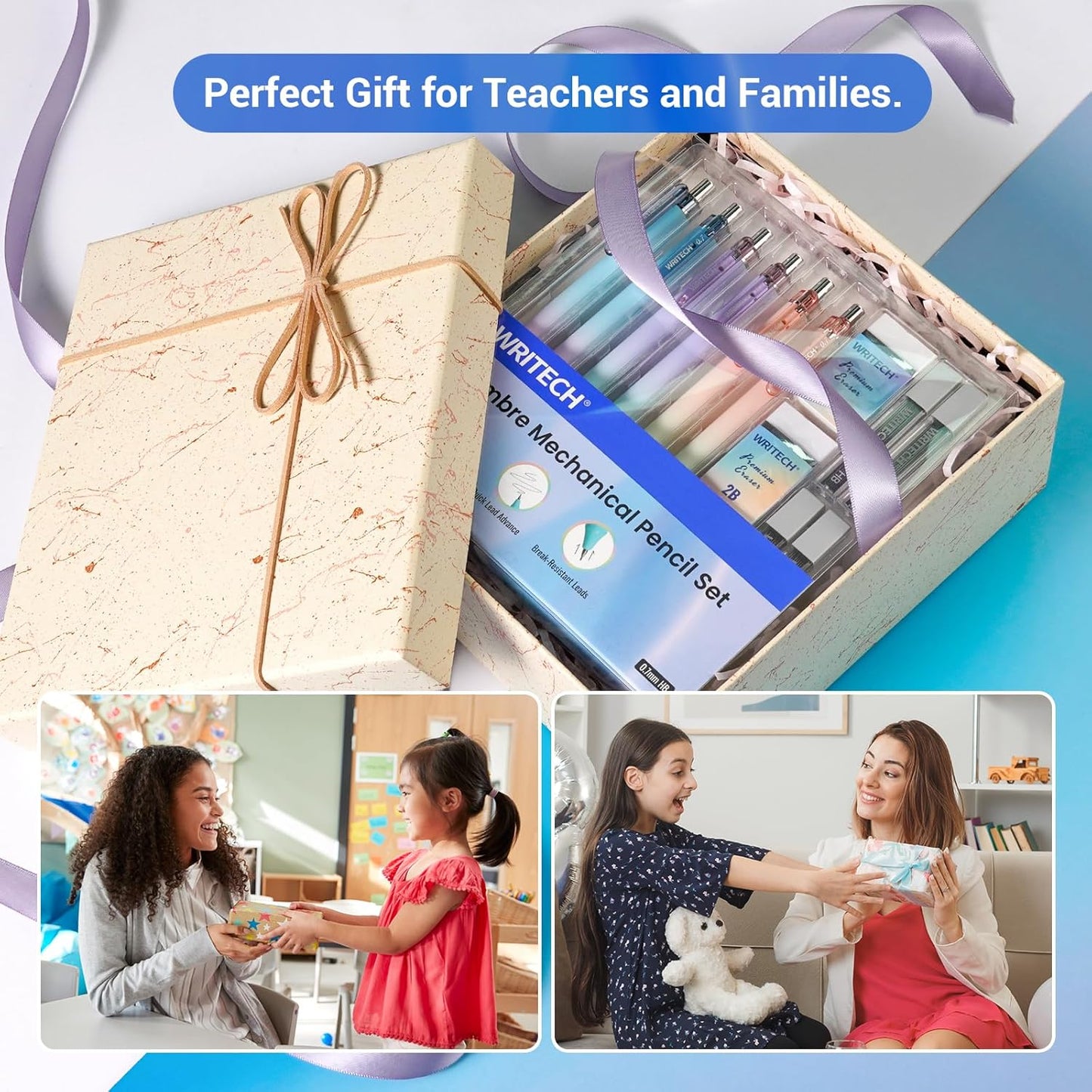 WRITECH Up Mechanical Pencil Set: 6ct Gradient Barrel 0.7mm Mechanical Pencils with 4 Tubes of HB Lead Refills and 2 Extra Erasers for Writing Drawing Sketching Drafting