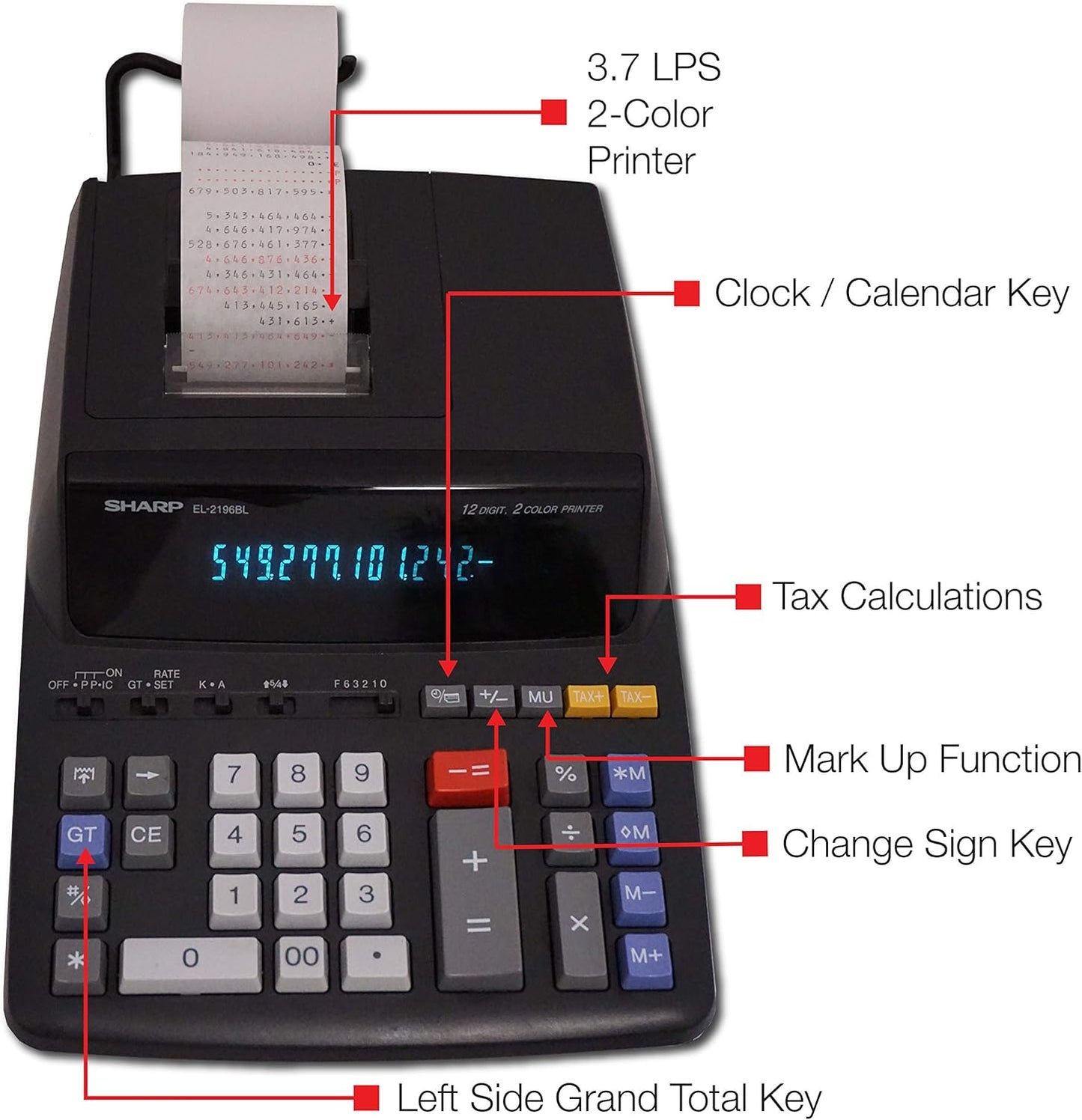 Sharp 12-Digit Print Calculator Desktop Size Adding Machine, Perfect for Everyday Use and Office, Bright, Large Easy-to-Read Numbers on Both The Display and The Two-ColorPrinted Tape (EL2196BL)