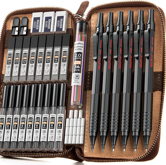 Nicpro 33PCS Black Metal Mechanical Pencil Set in Leather Case, Art Drafting Pencil 0.3, 0.5, 0.7, 0.9 mm, 2mm Lead Holders for Sketching Drawing with 18 Tube (6B 4B 2B HB 2H 4H Colors) Lead Refills