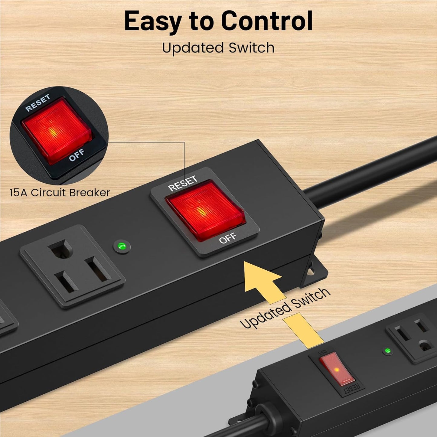 KF 6 Outlet Metal Power Strip with Surge Protection 2100J Mountable Power Outlet with Aluminum Alloy Mount Power Strip 14AWG 8FT Extension Cord,15A/125V/1875W in Home,Garage,Black