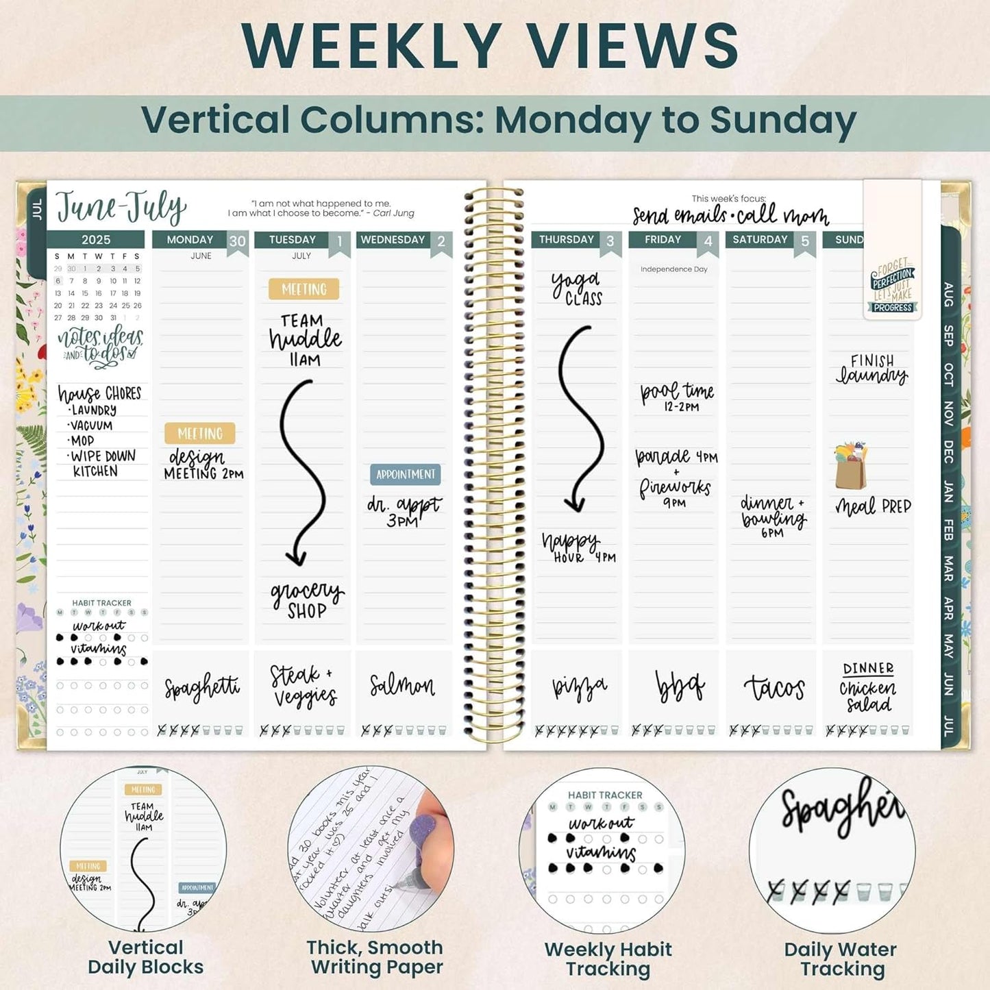 bloom daily planners 2025-2026 Hardcover Academic Year Goal & Vision Planner (July 2025 - July 2026) - Monthly & Weekly Calendar Agenda Organizer - 7.5" x 9" - Garden Party, Beige