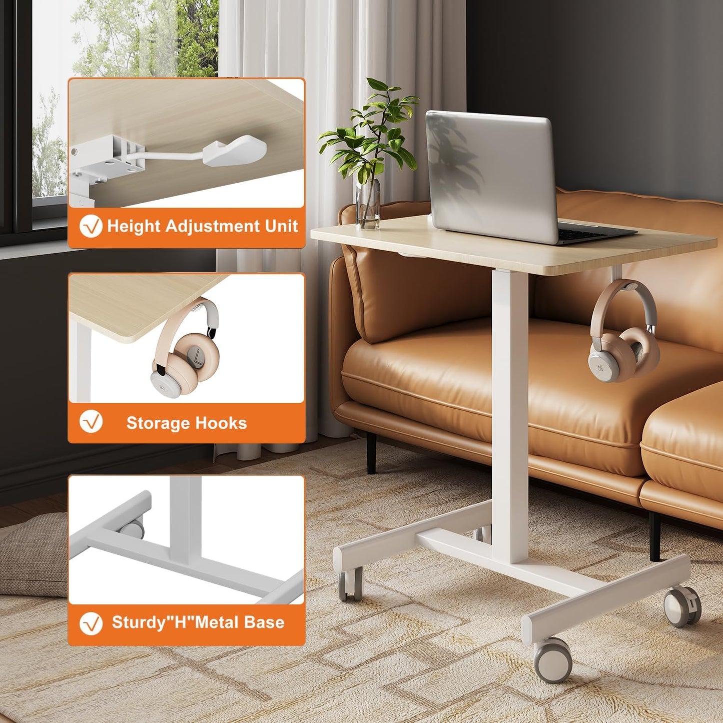 Mobile Small Standing Desk, Gas Spring Adjustable Height Rolling Portable Laptop Desk with Lockable Wheels, Computer Workstation, Rolling Podium (Maple Top + White Frame, 18 * 26)