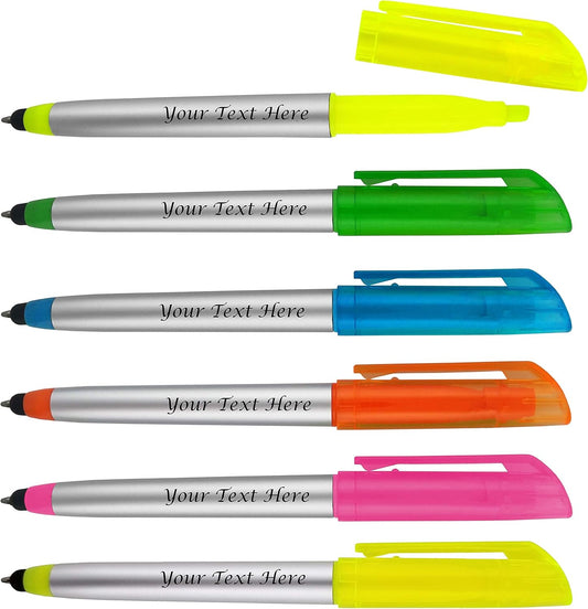 Personalized Pens with Highlighter and Stylus -250 Pack Bulk-Free Imprint - 3 In Highlighter, Ballpoint Pen, and Stylus Combo- add Custom Business Name, Logo or Gift Message- Assorted, Black Imprint