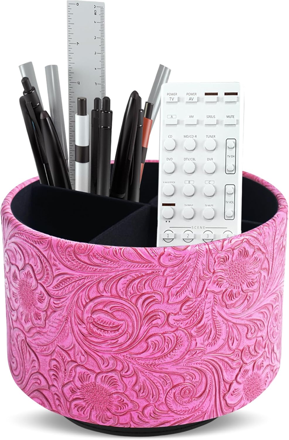 lizimandu Round Leather Art Supply Organizer,Remote Control Holder,360 Degree Spinning,Multi-Functional Pencil Holder,4 Compartments Desktop Stationary Organizer(1-Carved Red2)