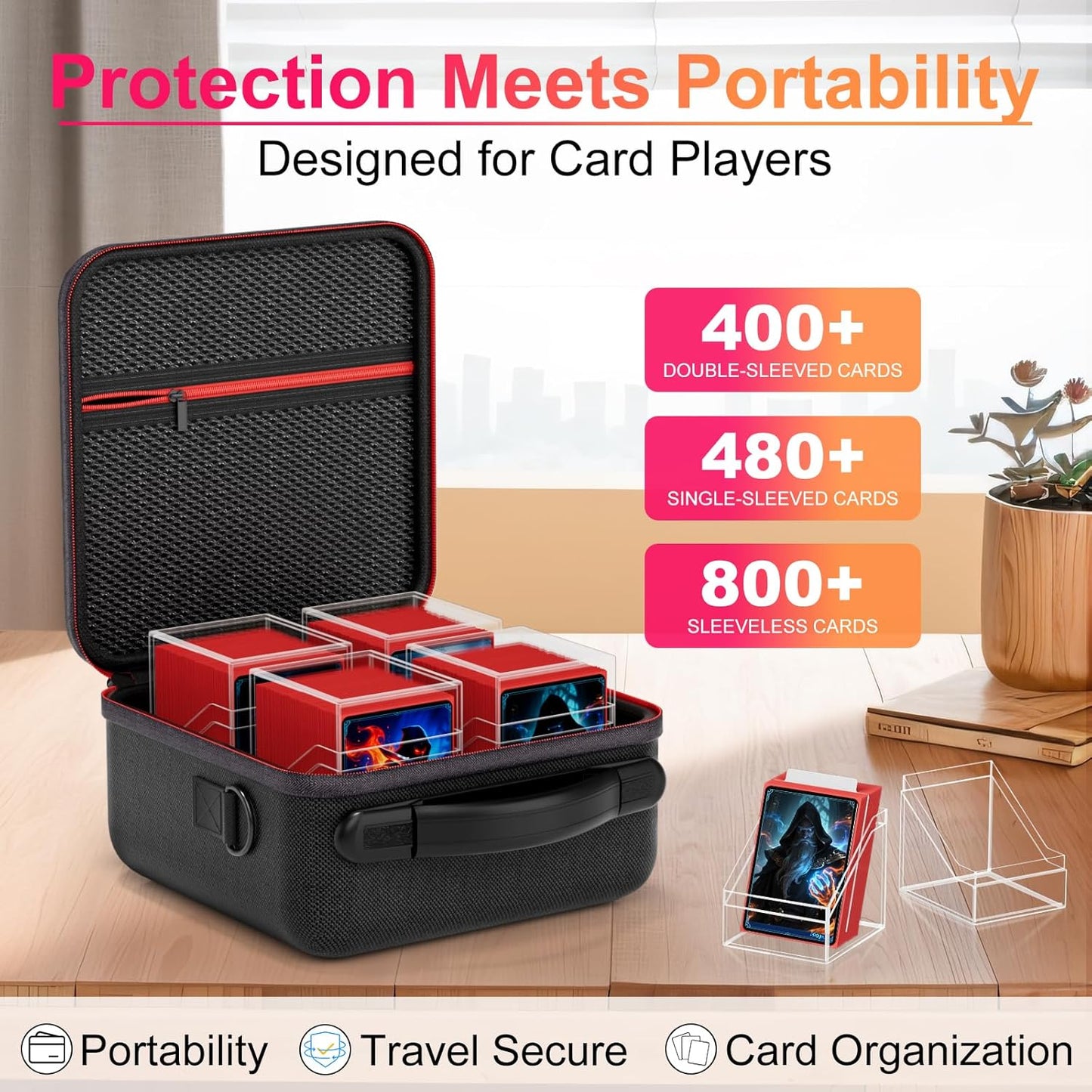 Card Deck Box with Portable Case, 4 Pack Clear Commander Deck Box with 4 Dividers, Holds 400+ Double Sleeved Cards, Fit for MTG, YuGiOh, TCG