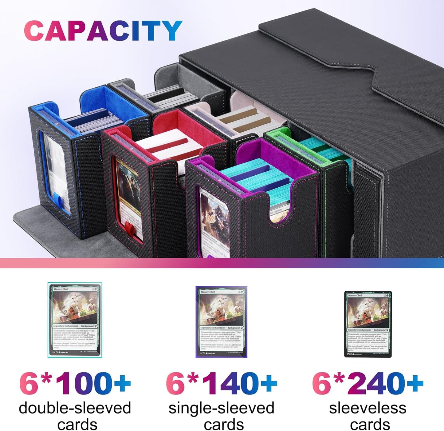 Commander Deck Box for MTG, 6-Deck Modular Card Case with Dice Tray Hold 600+ Double-sleeved Cards, Removable Trading Cards Storage Box with 35PT Magnetic Card Holders for TCG, Multicolour