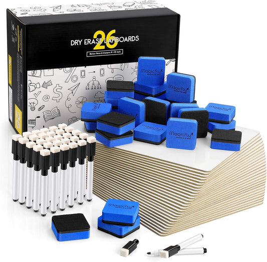 Magicfly Small White Boards, Dry Erase Board Pack of 26, Mini Whiteboards 9x12 Inches Double-Sided White Boards for Students Classroom Teachers School Supplies Office with 32 Pens and 26 Erasers