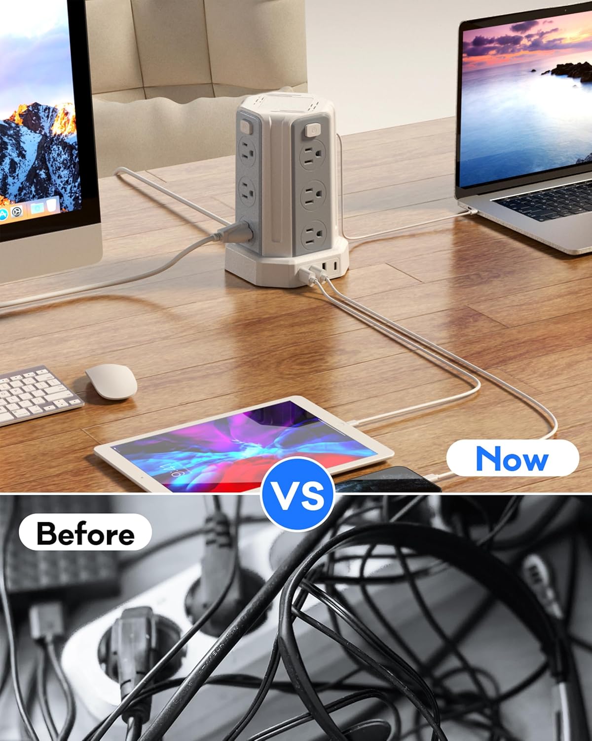 Power Strip Surge Protector, 10 Ft Extension Cord with 12 AC Multiple Outlets 4 USB (1 USB C), SMALLRT Power Tower Desktop Charging Station (White, 10 FT)