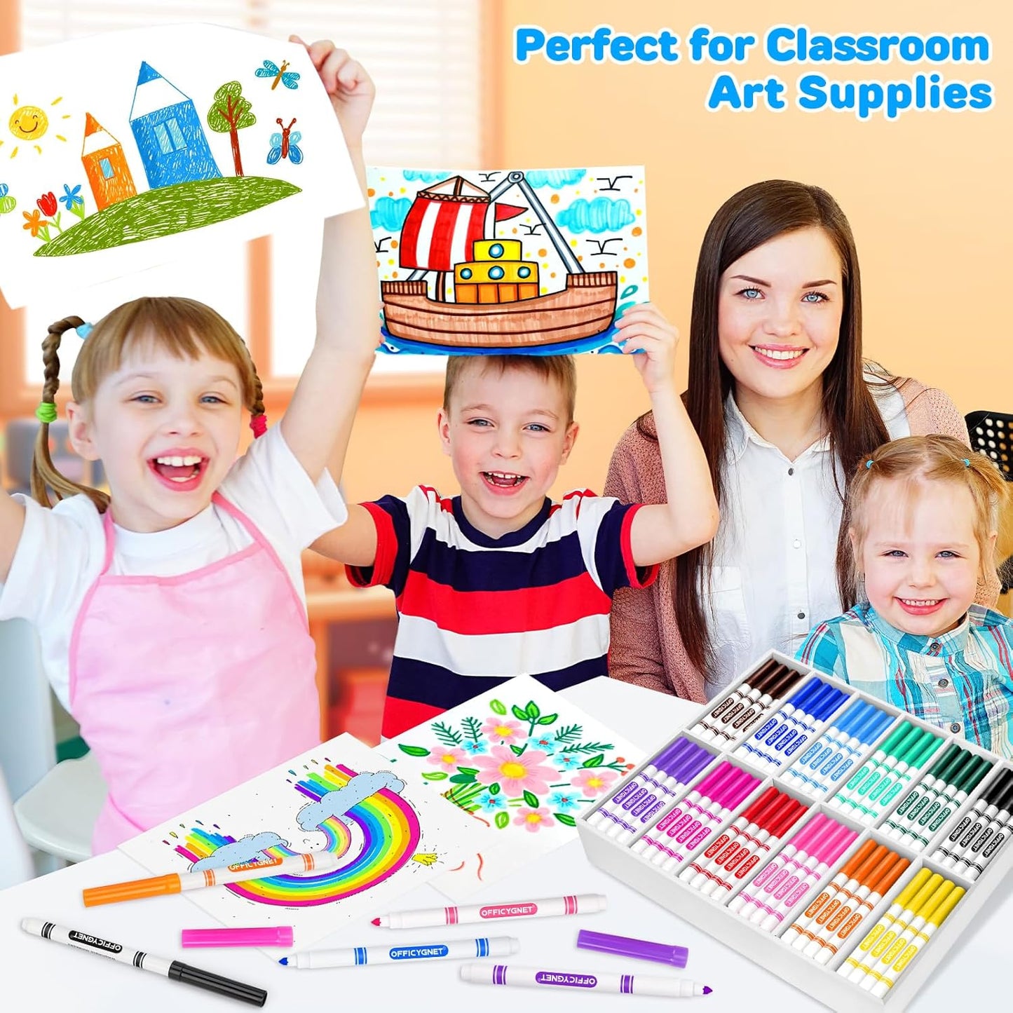 Officygnet 288 Count Washable Markers Bulk, Coloring Markers for Kids, Thin Marker Bulk in 12 Assorted Colors, Fine Line Marker with Conical Tip,Back to School Supplies, Teacher Classroom Must Haves