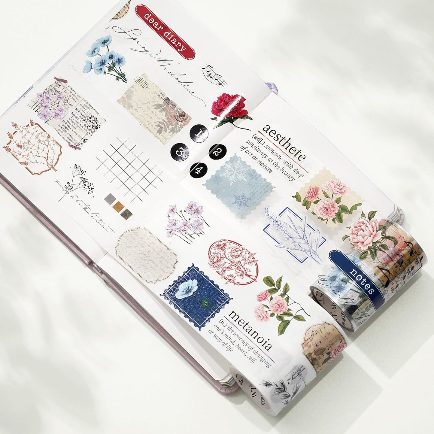 WT Season's Symphony Wide Clear PET Tape, Single Roll, Original Design, Vintage Watercolor Floral, Transparent Adhesive Tape for Journaling, Junk Journals, Bujo, Scrapbooks, Planners, DIY Crafts