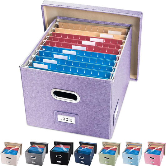 PRANDOM File Organizer Box - Set of 1 Collapsible Decorative Linen Filing Storage Hanging File Folders with Lids Office Cabinet Letter/Legal Purple (17x14x11.2 inch)