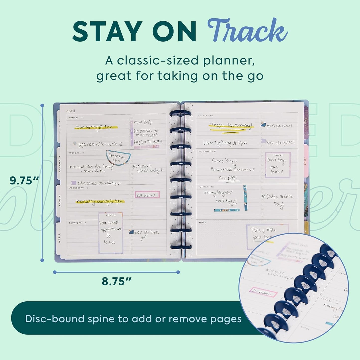 Happy Planner Disc-Bound Planner Jan.–Dec. 2026, Includes 3 Extra Months and 2 Sticker Sheets, Classic Size, 7" x 9.25", Horizontal Layout, Ethereal Elements