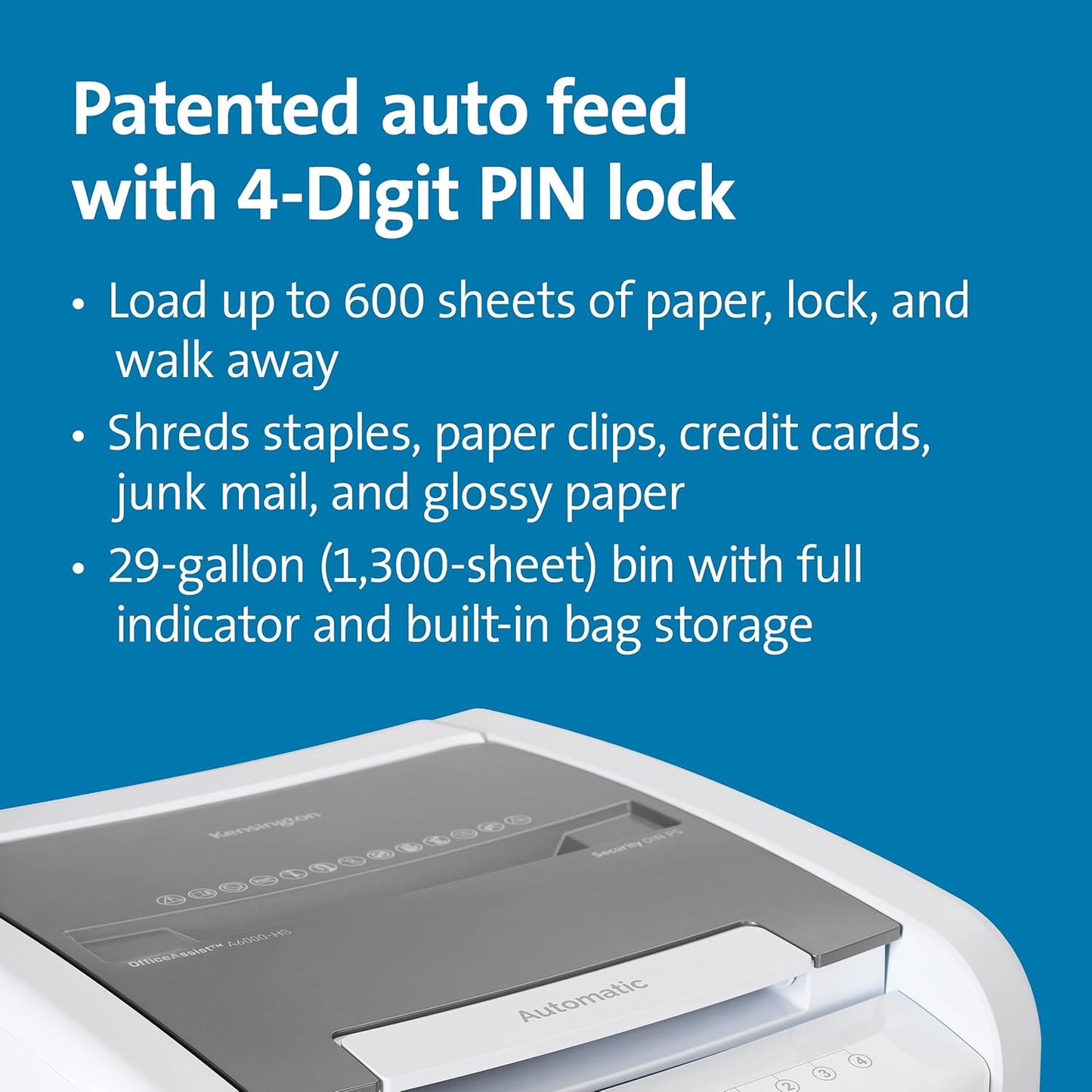 Kensington Shredder - New OfficeAssist 600-Sheet Auto-Feed Micro Cut Anti-Jam Heavy Duty Shredder with 29 gallons Waste Capacity, Lockable Chamber and 4 Casters (K52052AM)